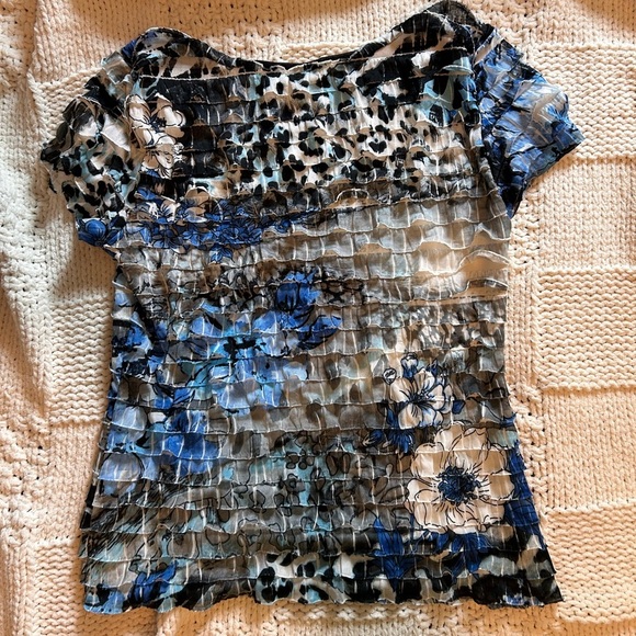 Y2K Cato Blue Black Tiered Maximalist Floral Animal Print Blouse - Picture 2 of 5